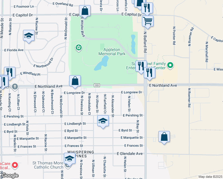 map of restaurants, bars, coffee shops, grocery stores, and more near 1700 East Northland Avenue in Appleton