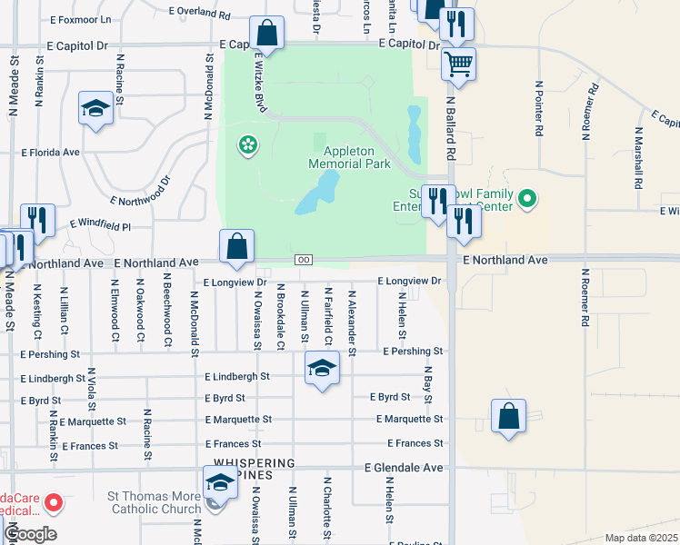 map of restaurants, bars, coffee shops, grocery stores, and more near 1700 East Northland Avenue in Appleton