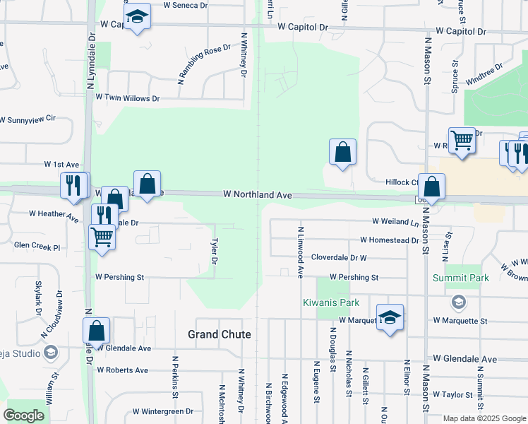 map of restaurants, bars, coffee shops, grocery stores, and more near 1840 West Weiland Lane in Appleton