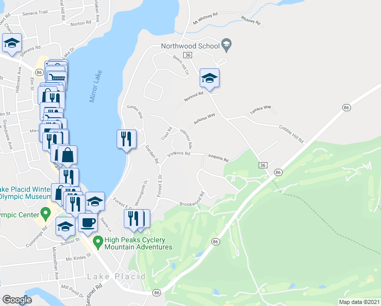 map of restaurants, bars, coffee shops, grocery stores, and more near Iroquois Rd in Lake Placid