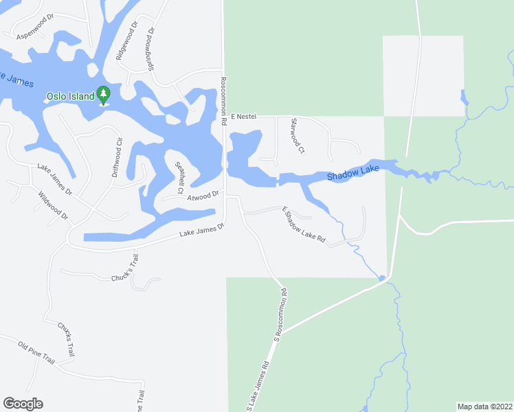 map of restaurants, bars, coffee shops, grocery stores, and more near East Shadow Lake Road in Roscommon County