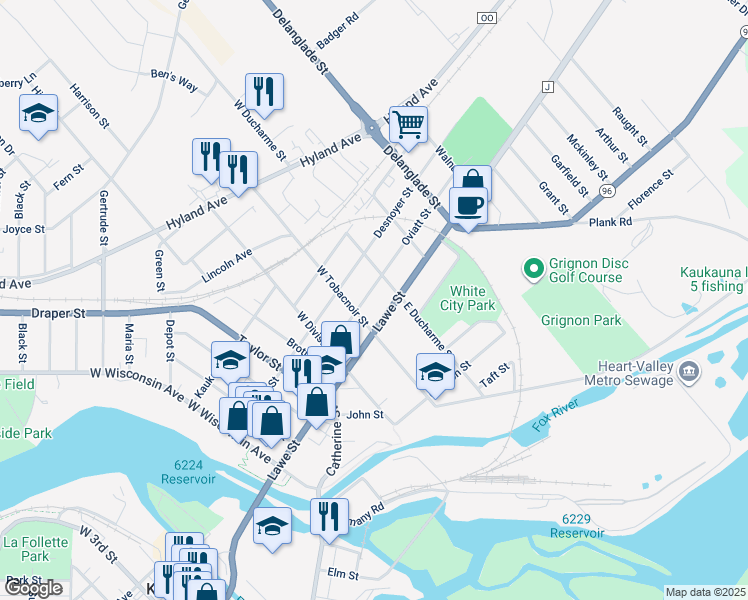 map of restaurants, bars, coffee shops, grocery stores, and more near 808 Desnoyer Street in Kaukauna
