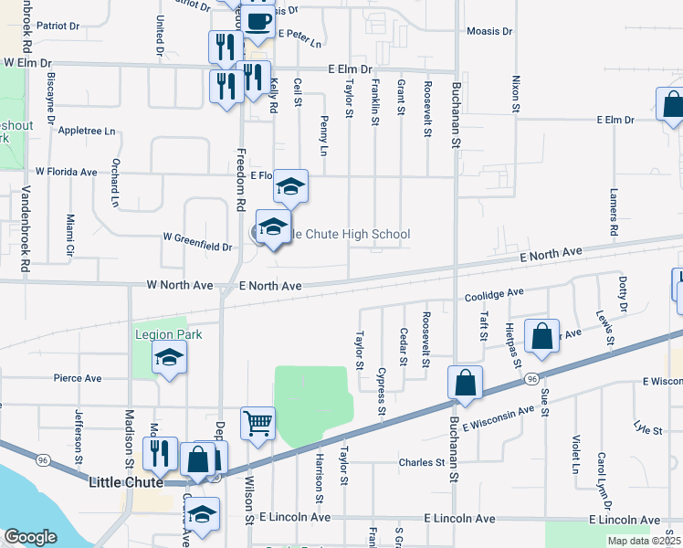 map of restaurants, bars, coffee shops, grocery stores, and more near 1306 Taylor Street in Little Chute