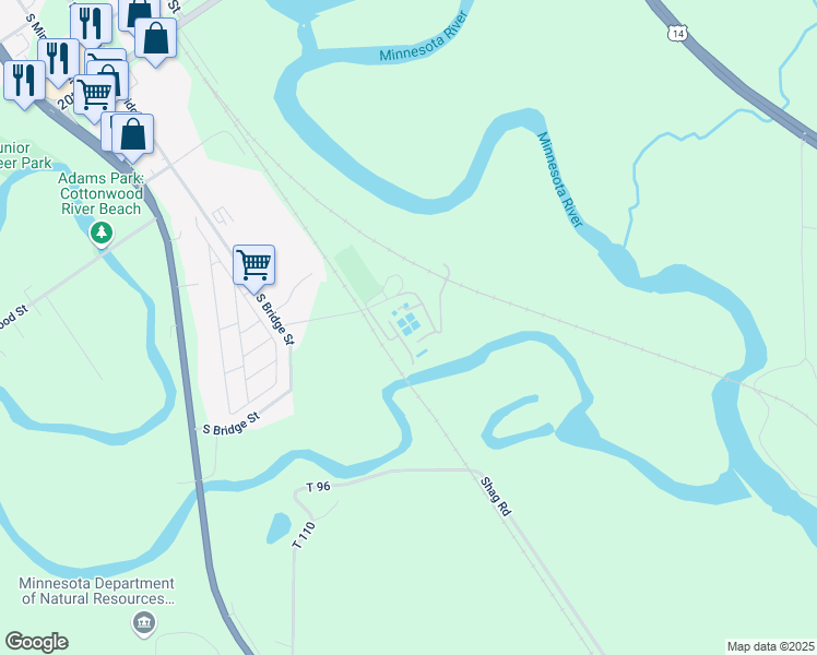map of restaurants, bars, coffee shops, grocery stores, and more near 3 Tower Road in New Ulm