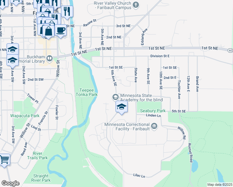 map of restaurants, bars, coffee shops, grocery stores, and more near 400 6th Avenue Southeast in Faribault
