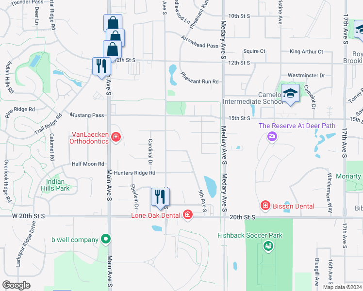 map of restaurants, bars, coffee shops, grocery stores, and more near 721 17th Street South in Brookings