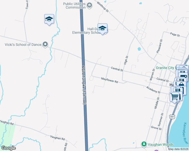 map of restaurants, bars, coffee shops, grocery stores, and more near 25 Mayflower Road in Hallowell