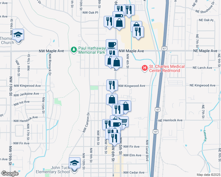 map of restaurants, bars, coffee shops, grocery stores, and more near 629 Northwest Kingwood Avenue in Redmond
