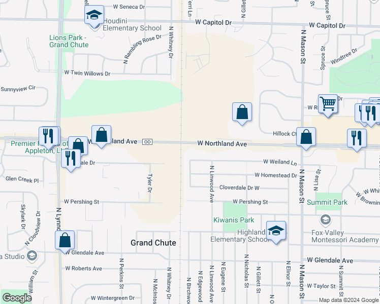 map of restaurants, bars, coffee shops, grocery stores, and more near 1840 West Weiland Lane in Appleton