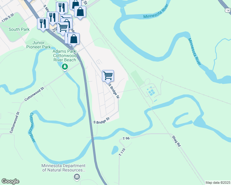 map of restaurants, bars, coffee shops, grocery stores, and more near 3 Tower Road in New Ulm