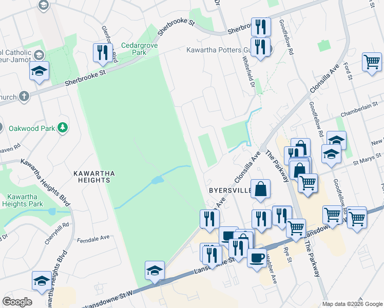 map of restaurants, bars, coffee shops, grocery stores, and more near 941 Golfview Road in Peterborough