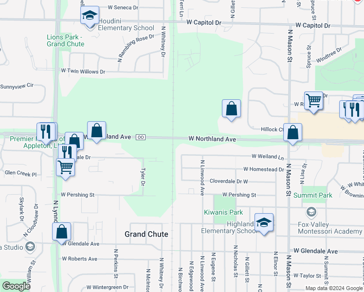 map of restaurants, bars, coffee shops, grocery stores, and more near 1840 West Weiland Lane in Appleton