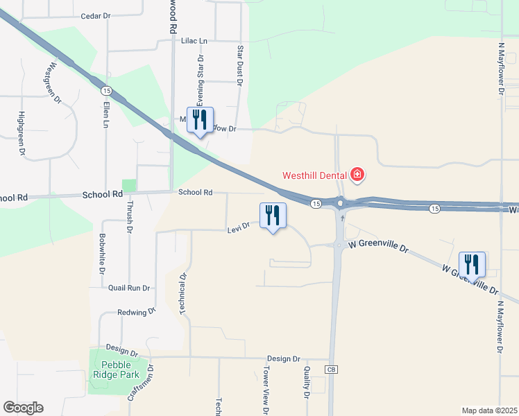 map of restaurants, bars, coffee shops, grocery stores, and more near W6391 School Road in Greenville