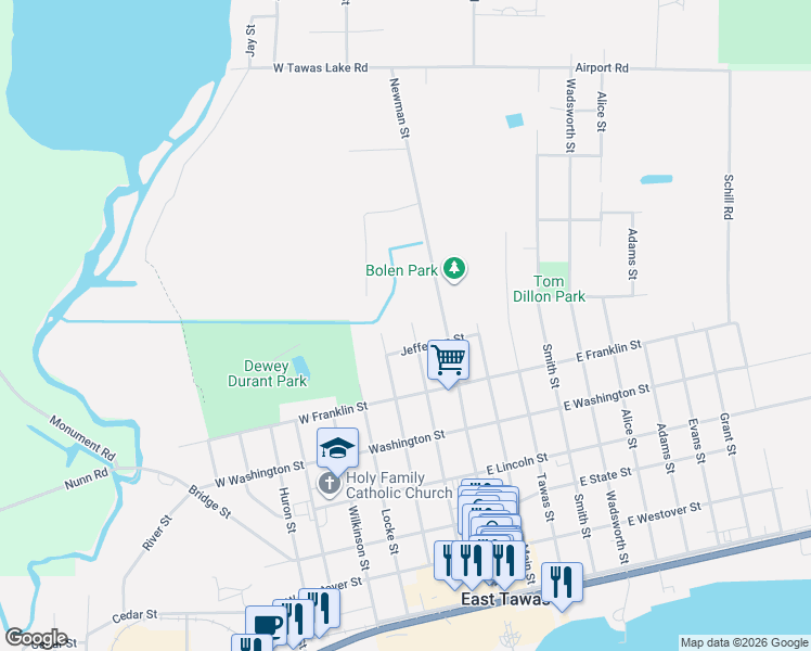 map of restaurants, bars, coffee shops, grocery stores, and more near 799 Sawyer Street in East Tawas