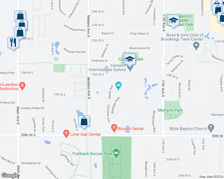 map of restaurants, bars, coffee shops, grocery stores, and more near 1226 Christine Circle in Brookings