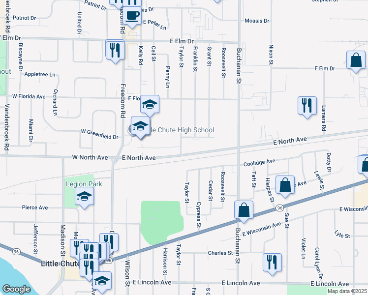 map of restaurants, bars, coffee shops, grocery stores, and more near 1306 Taylor Street in Little Chute