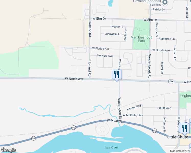 map of restaurants, bars, coffee shops, grocery stores, and more near 1166 West North Avenue in Appleton
