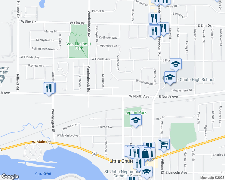 map of restaurants, bars, coffee shops, grocery stores, and more near 1306 Daytona Lane in Little Chute