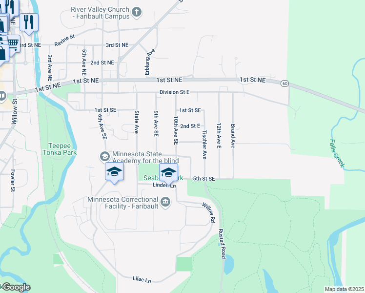 map of restaurants, bars, coffee shops, grocery stores, and more near 1007 3rd Street Southeast in Faribault