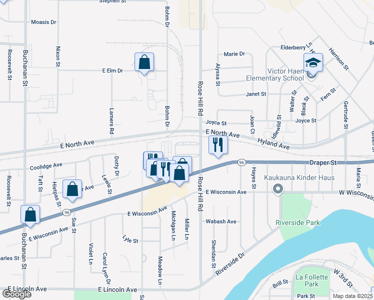 map of restaurants, bars, coffee shops, grocery stores, and more near 1301 Rose Hill Road in Little Chute