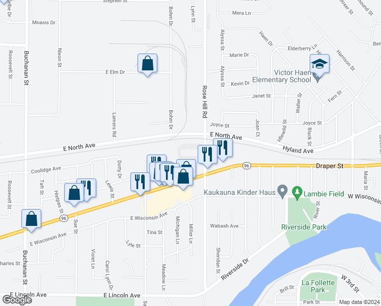 map of restaurants, bars, coffee shops, grocery stores, and more near 1301 Rose Hill Road in Little Chute