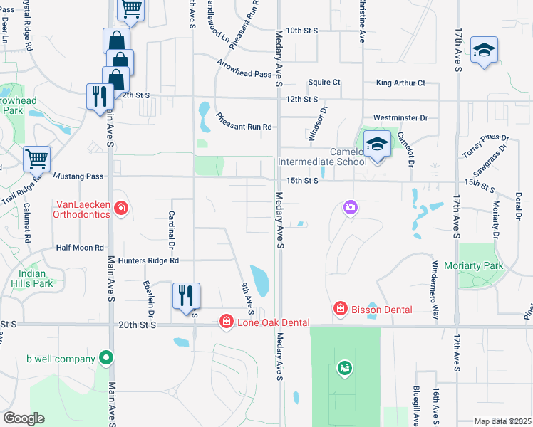map of restaurants, bars, coffee shops, grocery stores, and more near 900 15th Street South in Brookings