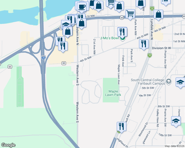 map of restaurants, bars, coffee shops, grocery stores, and more near 227 22nd Avenue Southwest in Faribault