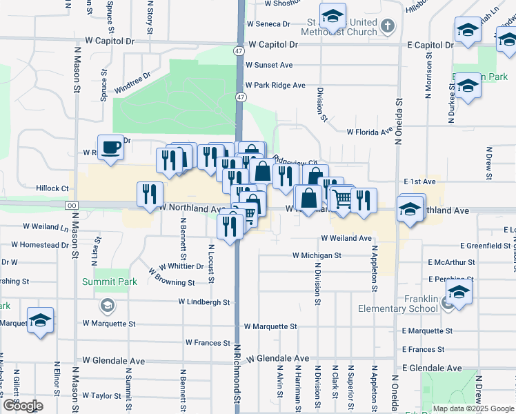map of restaurants, bars, coffee shops, grocery stores, and more near 698 West Northland Avenue in Appleton