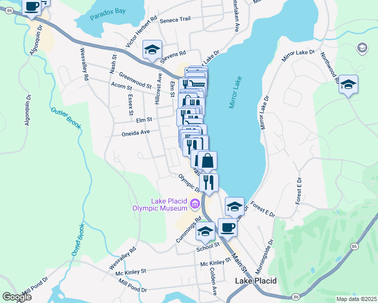 map of restaurants, bars, coffee shops, grocery stores, and more near 2520 Main Street in Lake Placid