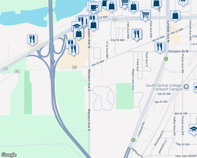map of restaurants, bars, coffee shops, grocery stores, and more near 234 22nd Avenue Southwest in Faribault
