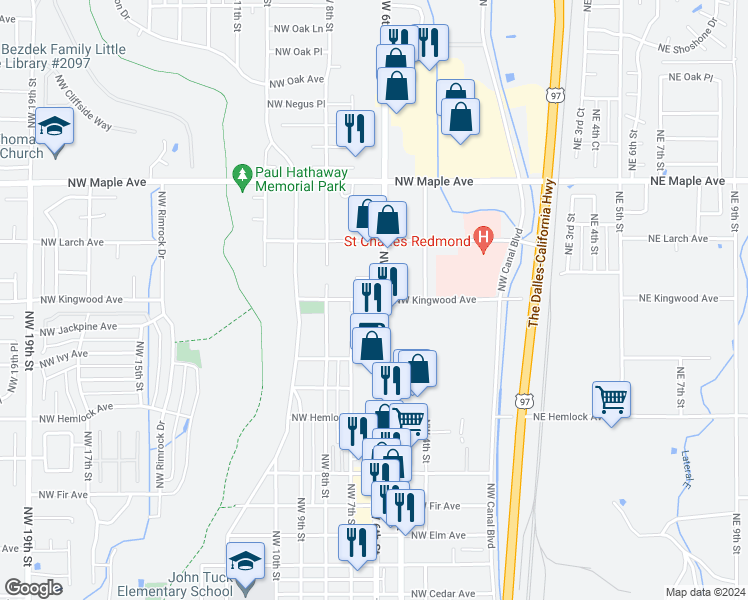 map of restaurants, bars, coffee shops, grocery stores, and more near 630 Northwest Kingwood Avenue in Redmond