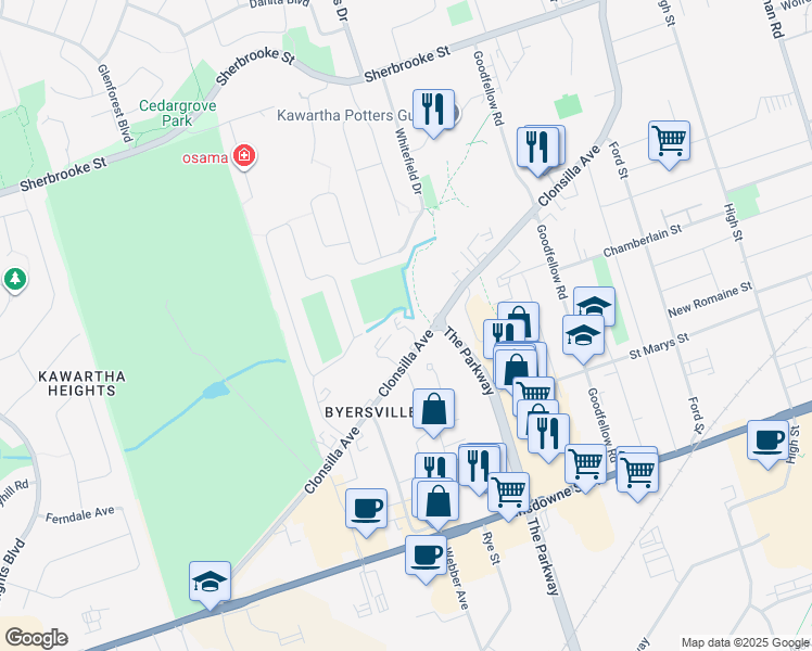 map of restaurants, bars, coffee shops, grocery stores, and more near 943 Clonsilla Avenue in Peterborough