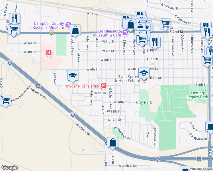 map of restaurants, bars, coffee shops, grocery stores, and more near 500 West 8th Street in Gillette