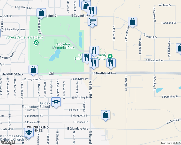 map of restaurants, bars, coffee shops, grocery stores, and more near County Road E in Little Chute