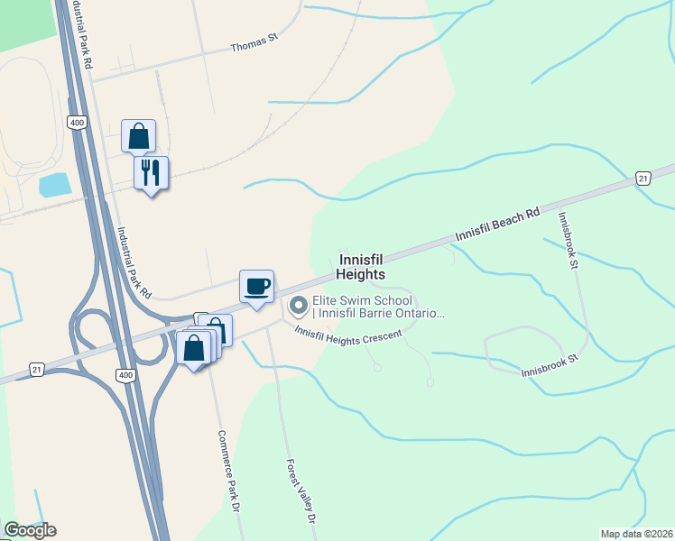 map of restaurants, bars, coffee shops, grocery stores, and more near 3296 Innisfil Beach Road in Innisfil