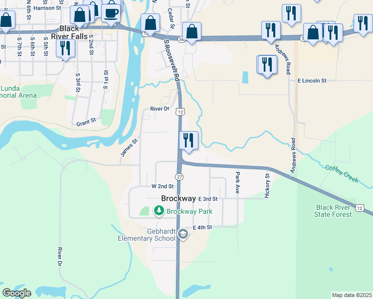map of restaurants, bars, coffee shops, grocery stores, and more near 105 East 1st Street in Black River Falls
