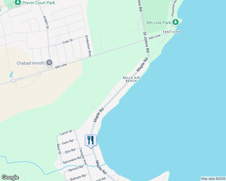 map of restaurants, bars, coffee shops, grocery stores, and more near 1414 Maple Way in Innisfil