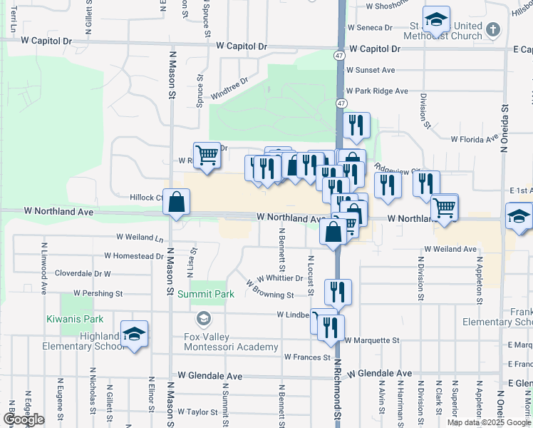 map of restaurants, bars, coffee shops, grocery stores, and more near 974 West Northland Avenue in Appleton