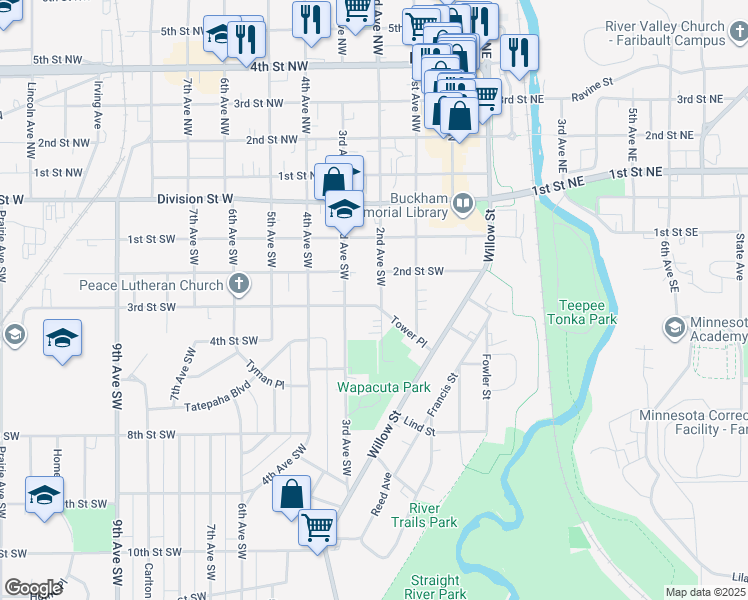 map of restaurants, bars, coffee shops, grocery stores, and more near 228 2nd Avenue Southwest in Faribault