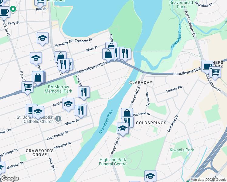 map of restaurants, bars, coffee shops, grocery stores, and more near 35 Lockside Drive in Peterborough