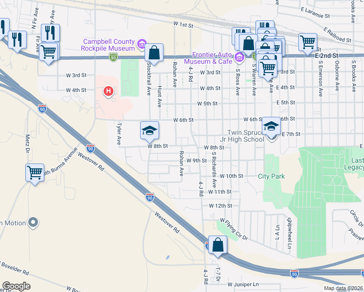 map of restaurants, bars, coffee shops, grocery stores, and more near 699 West 8th Street in Gillette