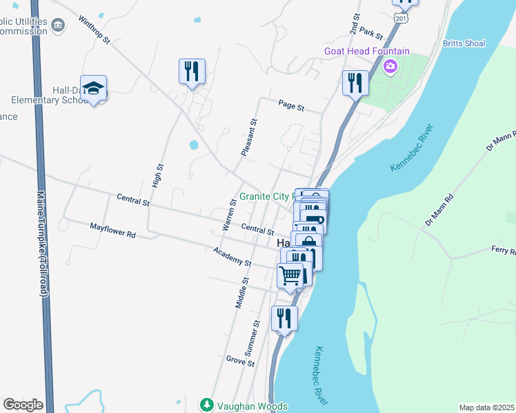 map of restaurants, bars, coffee shops, grocery stores, and more near 10 Spring Street in Hallowell
