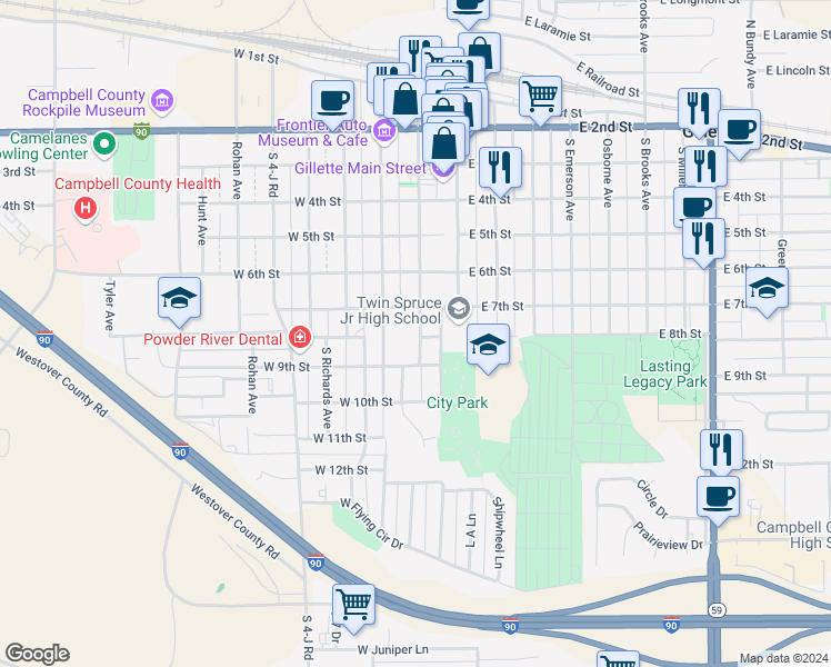 map of restaurants, bars, coffee shops, grocery stores, and more near 800 South Warren Avenue in Gillette