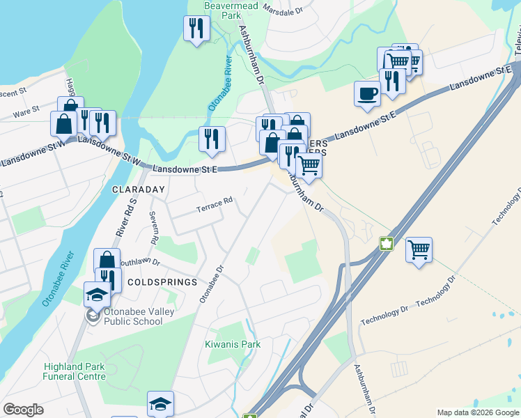 map of restaurants, bars, coffee shops, grocery stores, and more near 678 Otonabee Drive in Peterborough