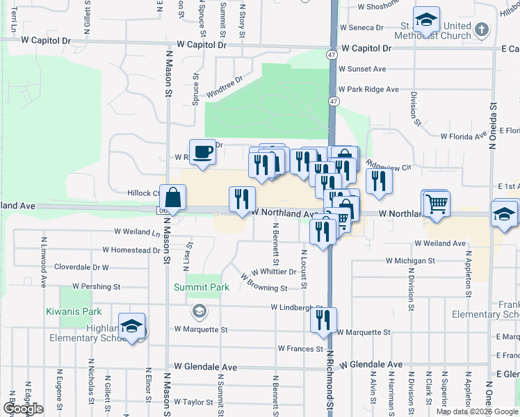 map of restaurants, bars, coffee shops, grocery stores, and more near 976 West Northland Avenue in Appleton