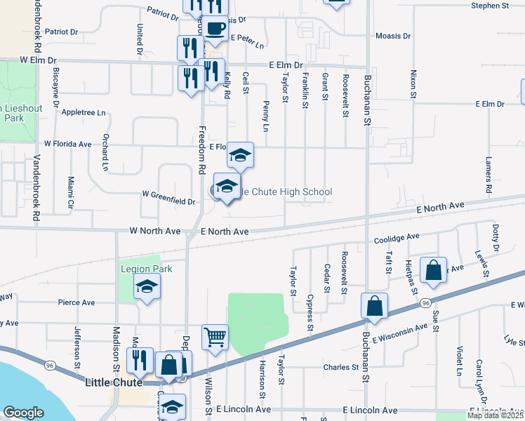 map of restaurants, bars, coffee shops, grocery stores, and more near in Little Chute