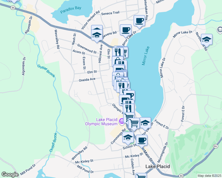 map of restaurants, bars, coffee shops, grocery stores, and more near 2520 Main Street in Lake Placid
