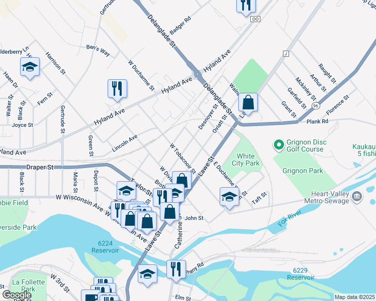 map of restaurants, bars, coffee shops, grocery stores, and more near 808 Desnoyer Street in Kaukauna