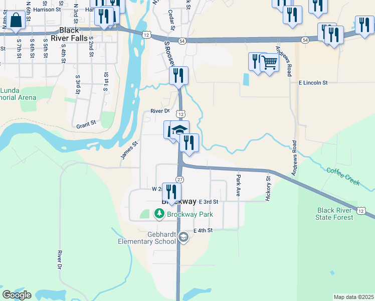map of restaurants, bars, coffee shops, grocery stores, and more near 105 East 1st Street in Black River Falls