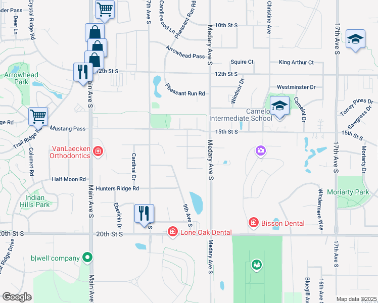 map of restaurants, bars, coffee shops, grocery stores, and more near 900 15th Street South in Brookings